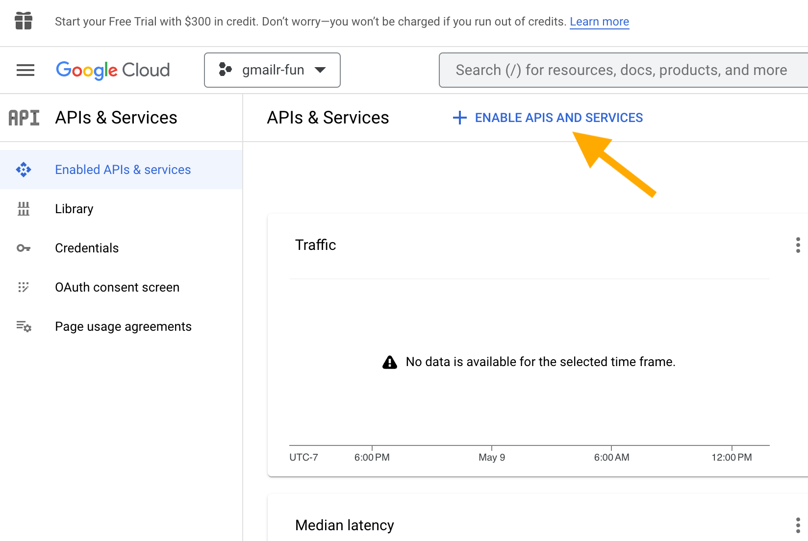 Screenshot with an arrows pointing at the "+ ENABLE APIS AND SERVICES" button.
