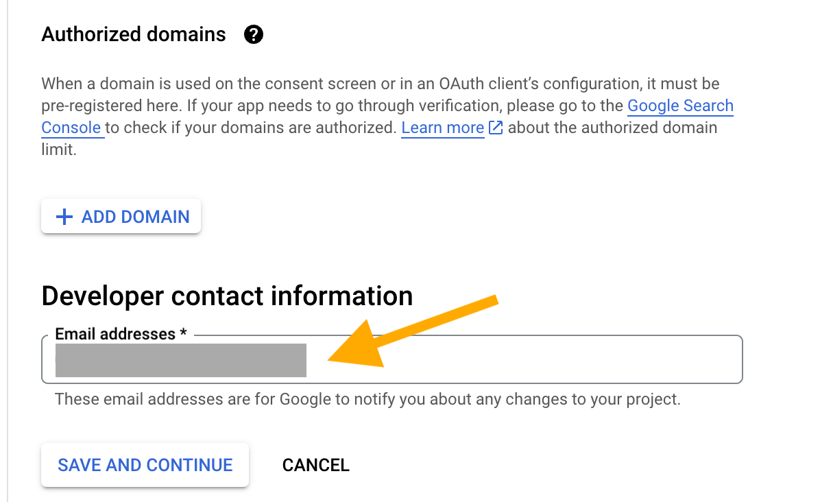 Screenshot with an arrow pointing at the box where a user enters an email address as "Developer contact information".