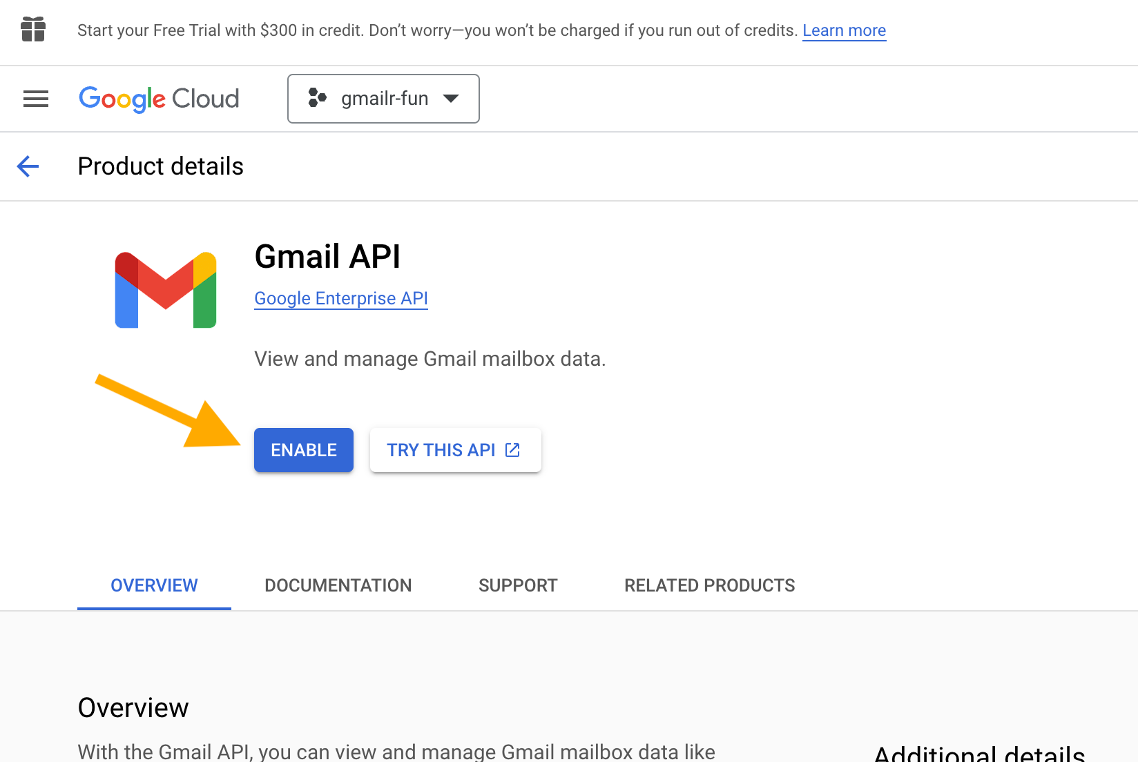 Screen for the Gmail API with an arrow pointing at the "ENABLE" button.