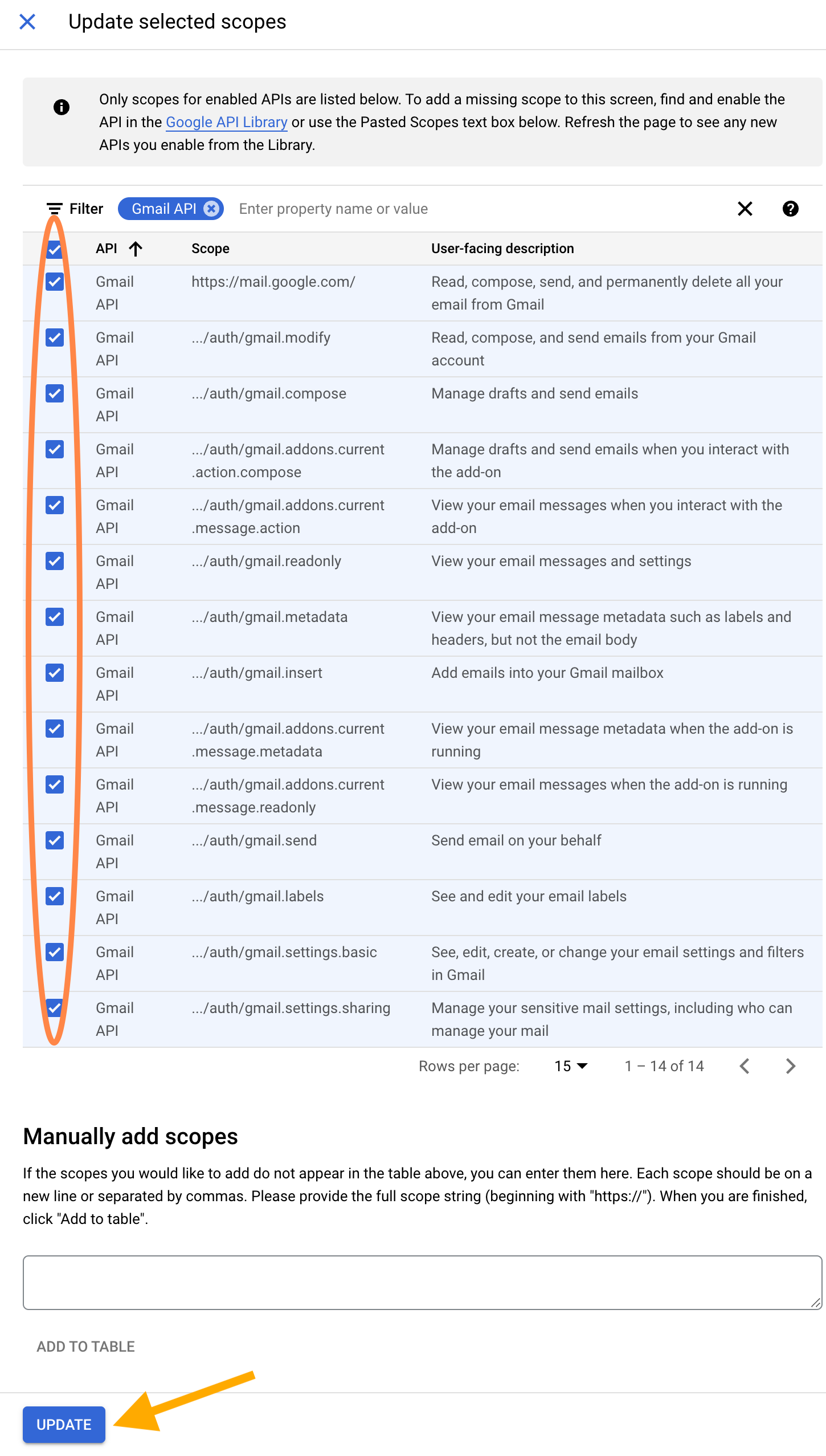 Screenshot showing many checked checkboxes for the Gmail API scopes.