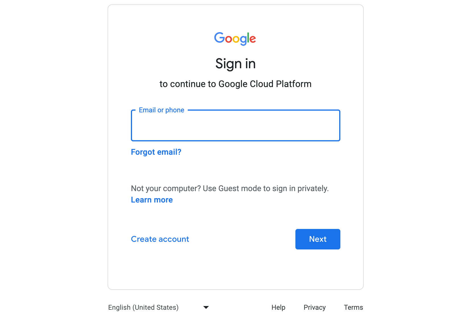 The sign in page for Google Cloud Platform. The "Email or phone" box is selected and ready for user input. In the lower left is a "Next" button.