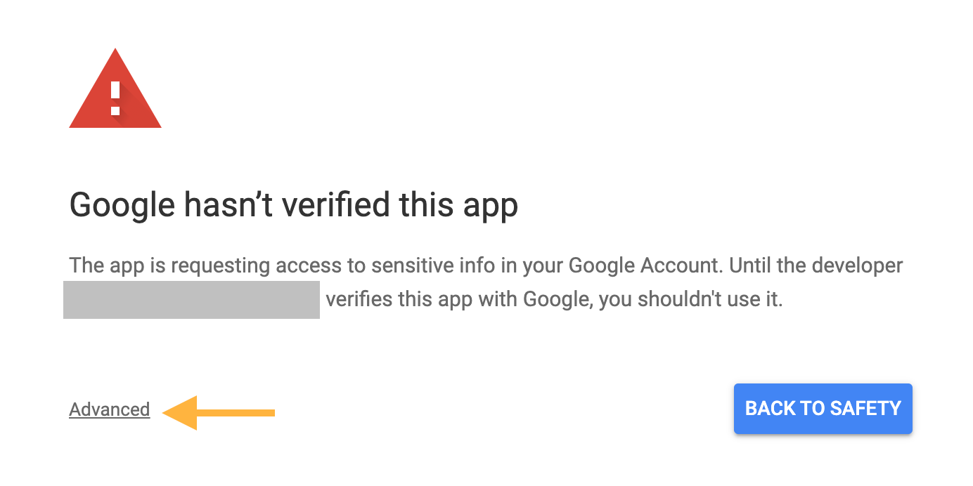 Screenshot of a pop-up titled "Google hasn't verified this app". There is an arrow pointing at the "Advanced" button.