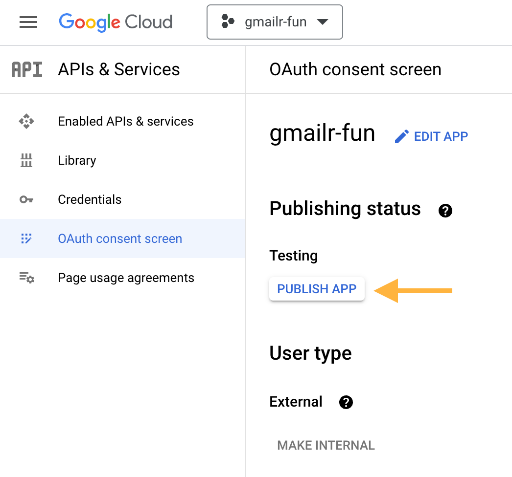 Screenshot of the configuration of the OAuth consent screen. There is an arrow pointing at the "PUBLISH APP" button in the Publishing status section.