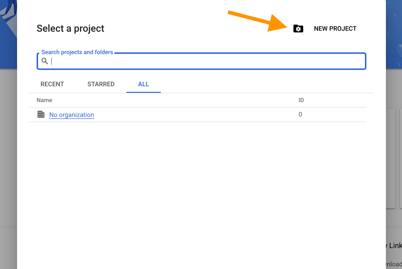 The "Select a project" with an arrow pointing to the "NEW PROJECT" button.