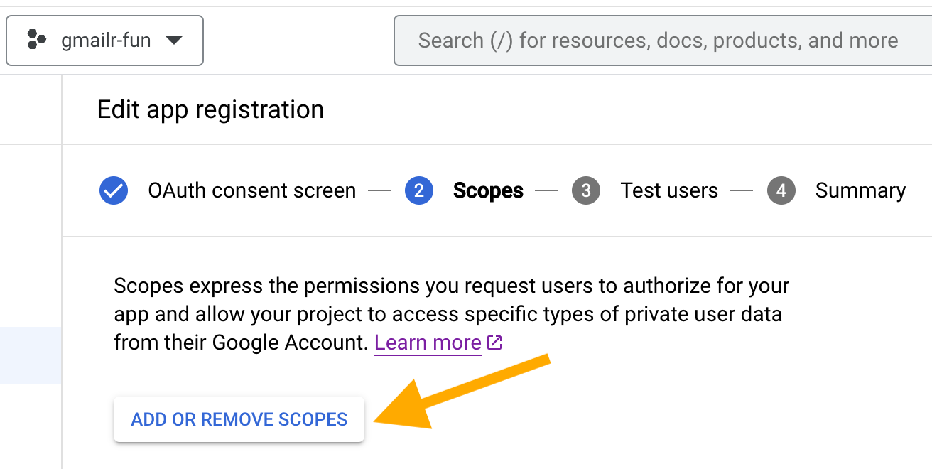 Screenshot with an arrow pointing at the "ADD OR REMOVE SCOPES" button.