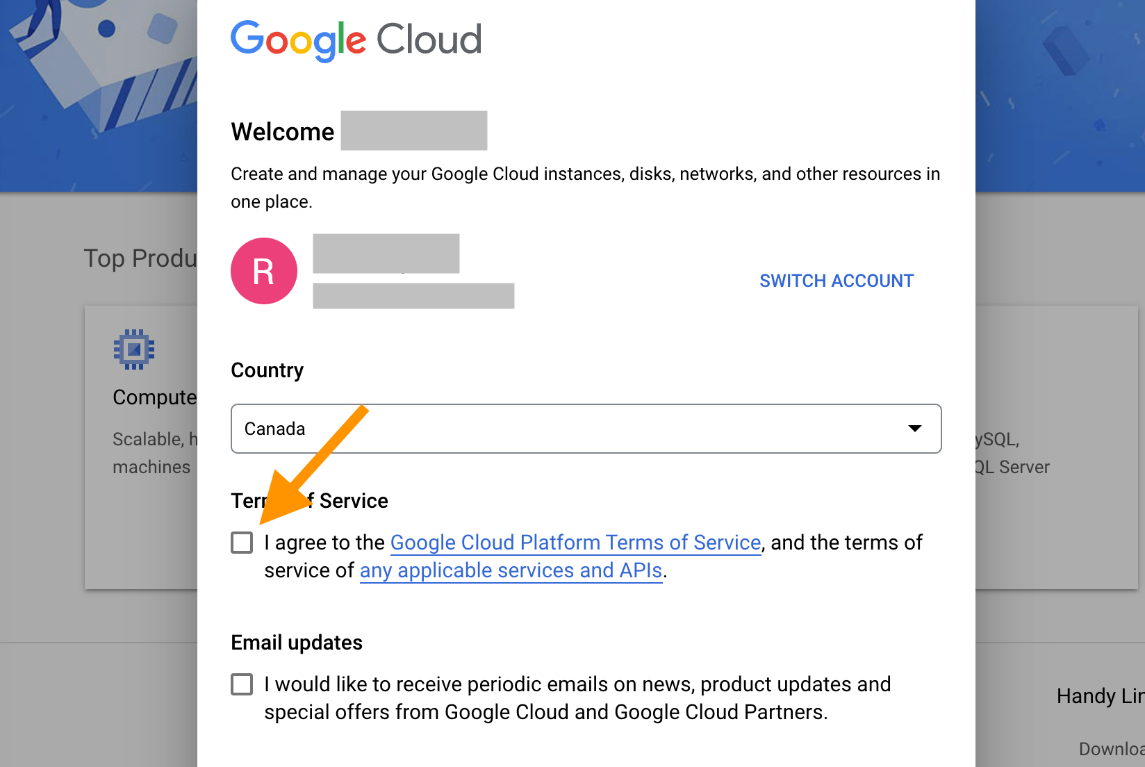 A screen with a checkbox to agree to the Google Cloud terms of service.