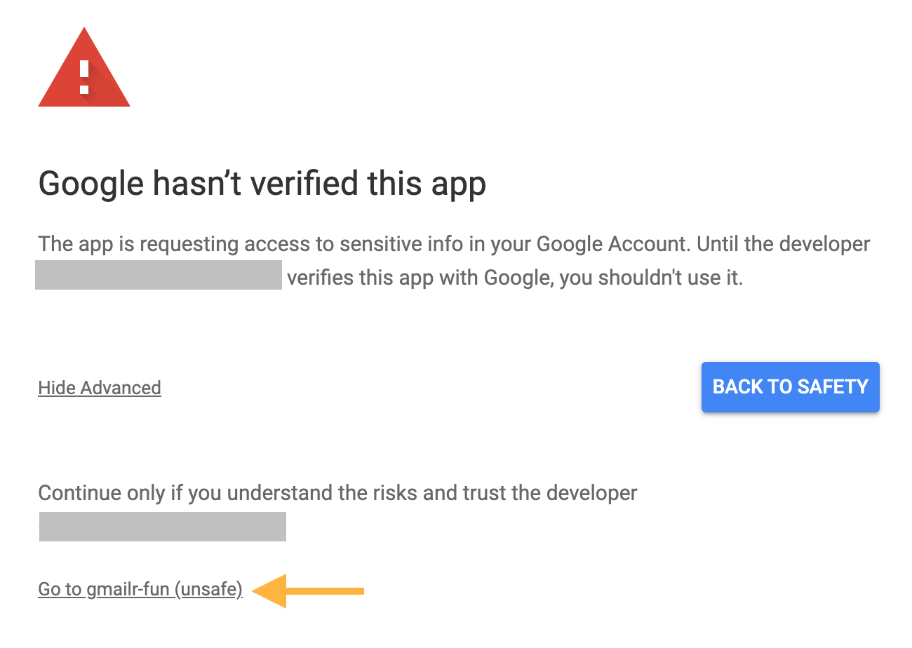 Screenshot of a pop-up titled "Google hasn't verified this app". There is an arrow pointing at the "Go to YOUR-PROJECT-NAME (unsafe)" button.