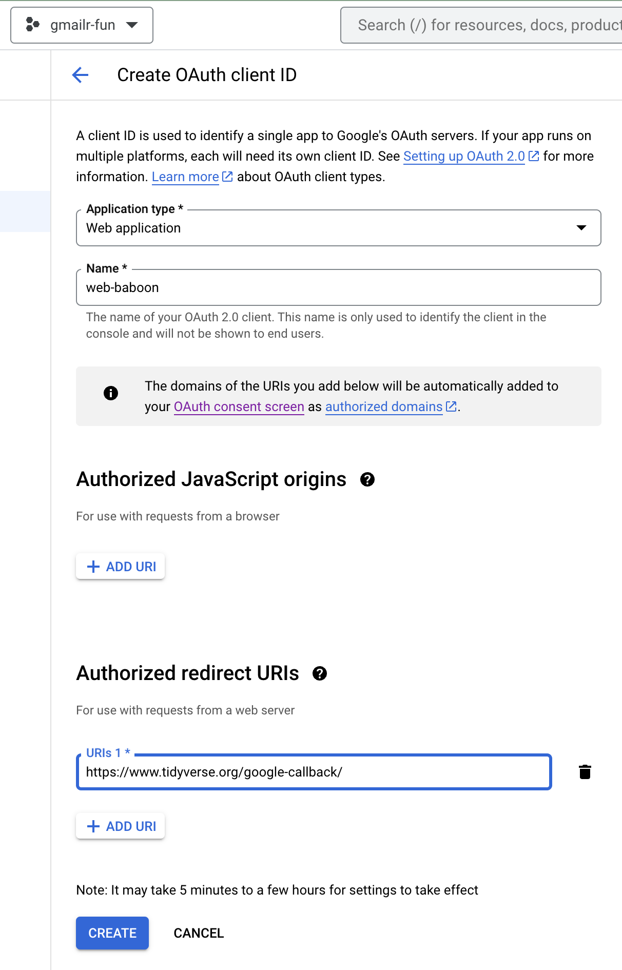 Screenshot of the "Create OAuth client ID" screen with "Web application" selected as the Application type and "web-baboon" filled in the "Name" box. There are arrows pointing at the "Name" box and the "CREATE" button.