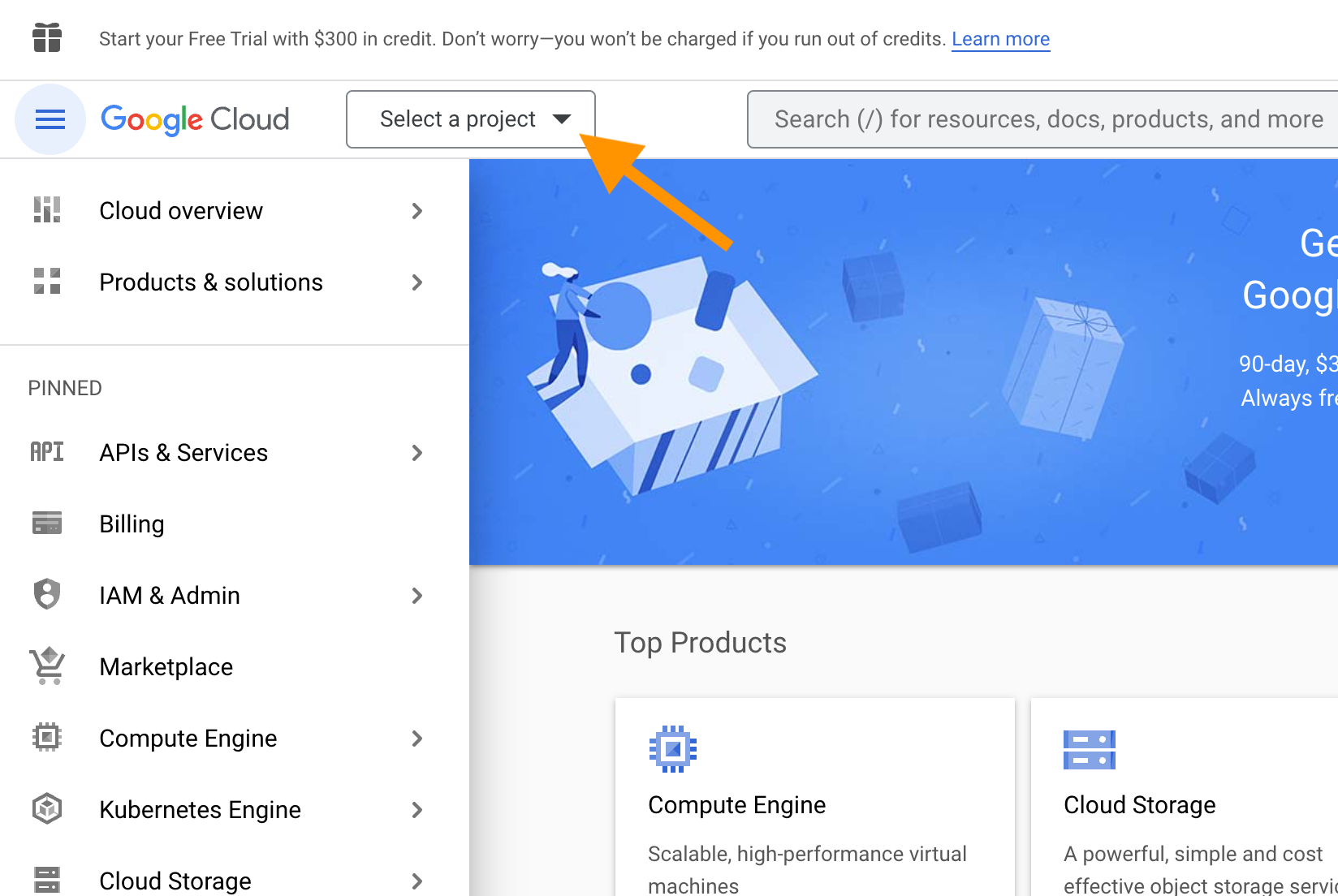 Screenshot with an arrow pointing at the "Select a project" button, which is in the upper left, next to "Google Cloud".